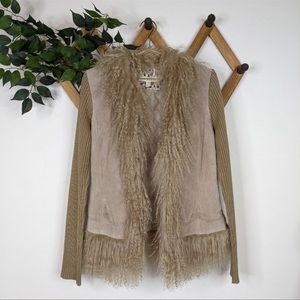 Y2K Penny Lane Suede Leather Shearling Fur Trimmed Sweater Coat Jacket